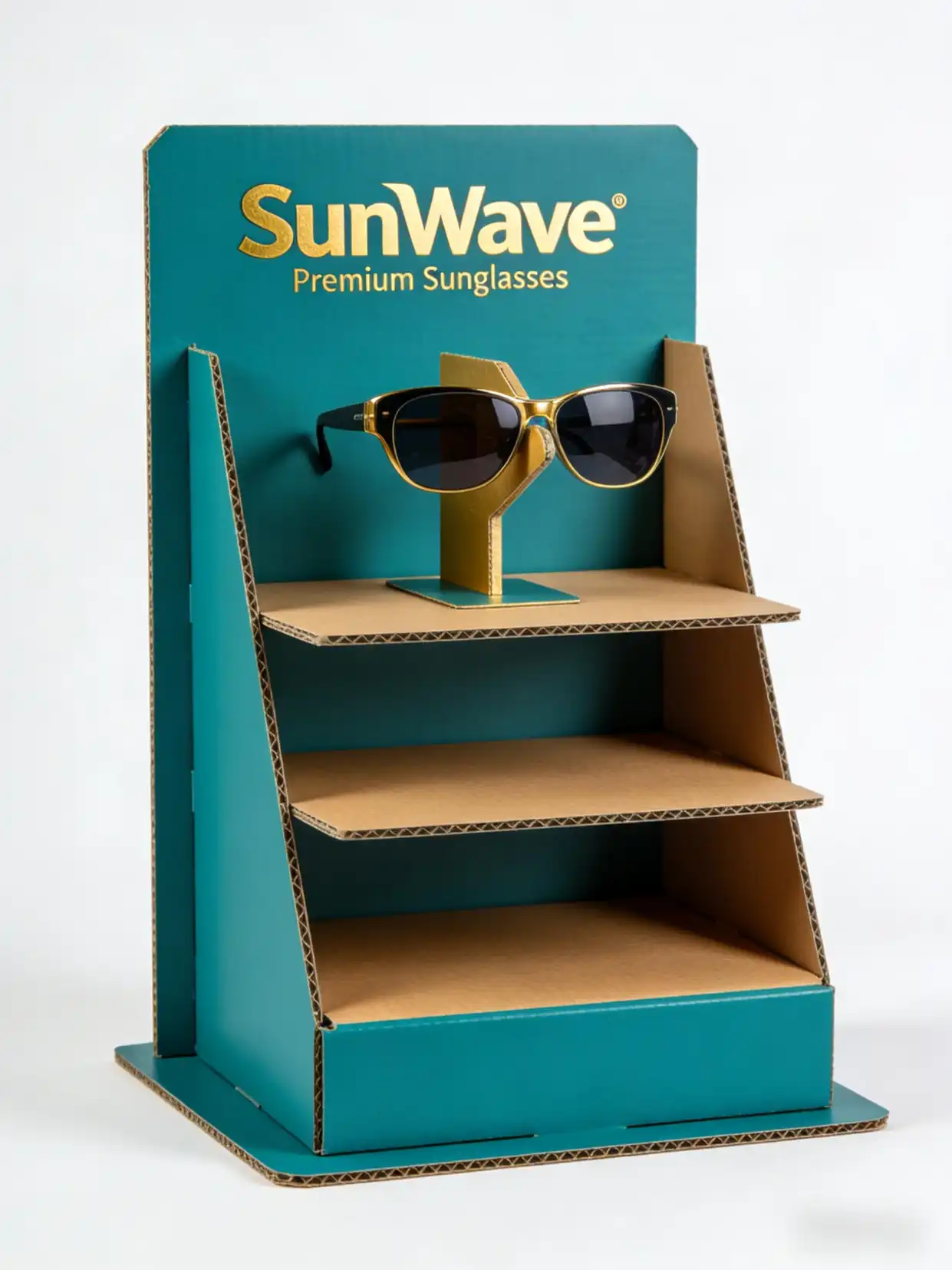A custom-designed sunglasses display featuring a unique brand logo and color scheme