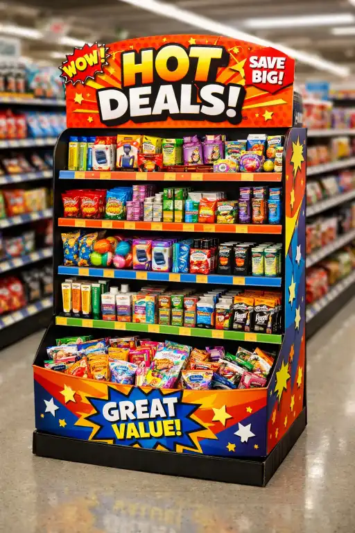 A vibrant PDQ display full of products in a retail aisle