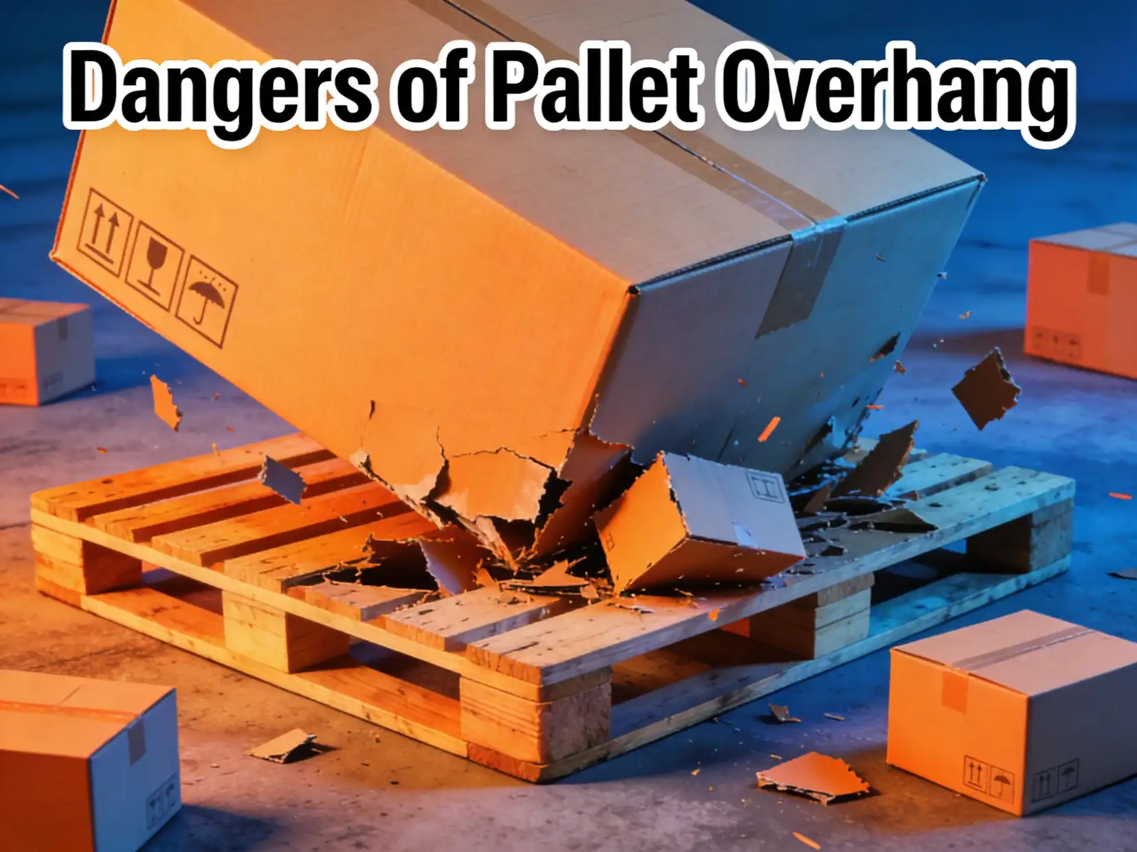 Illustration showing the dangers of pallet overhang with crushed boxes