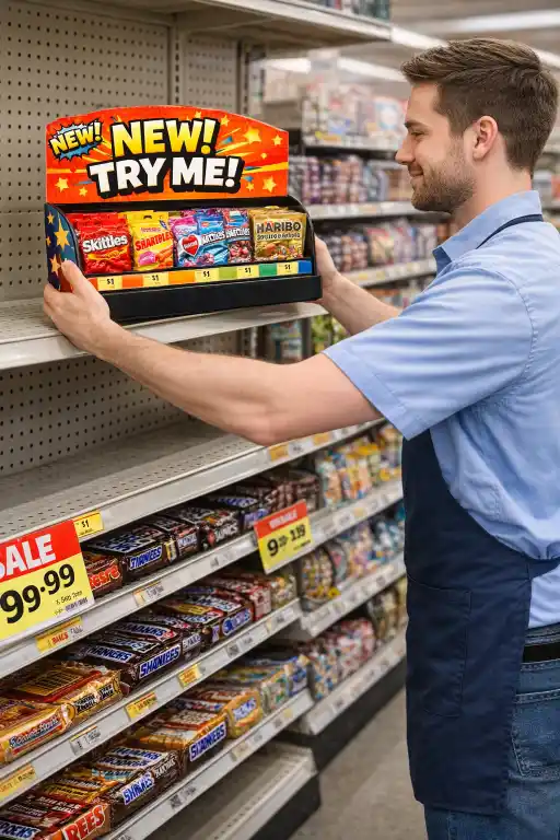 A store employee easily placing a PDQ display on a shelf