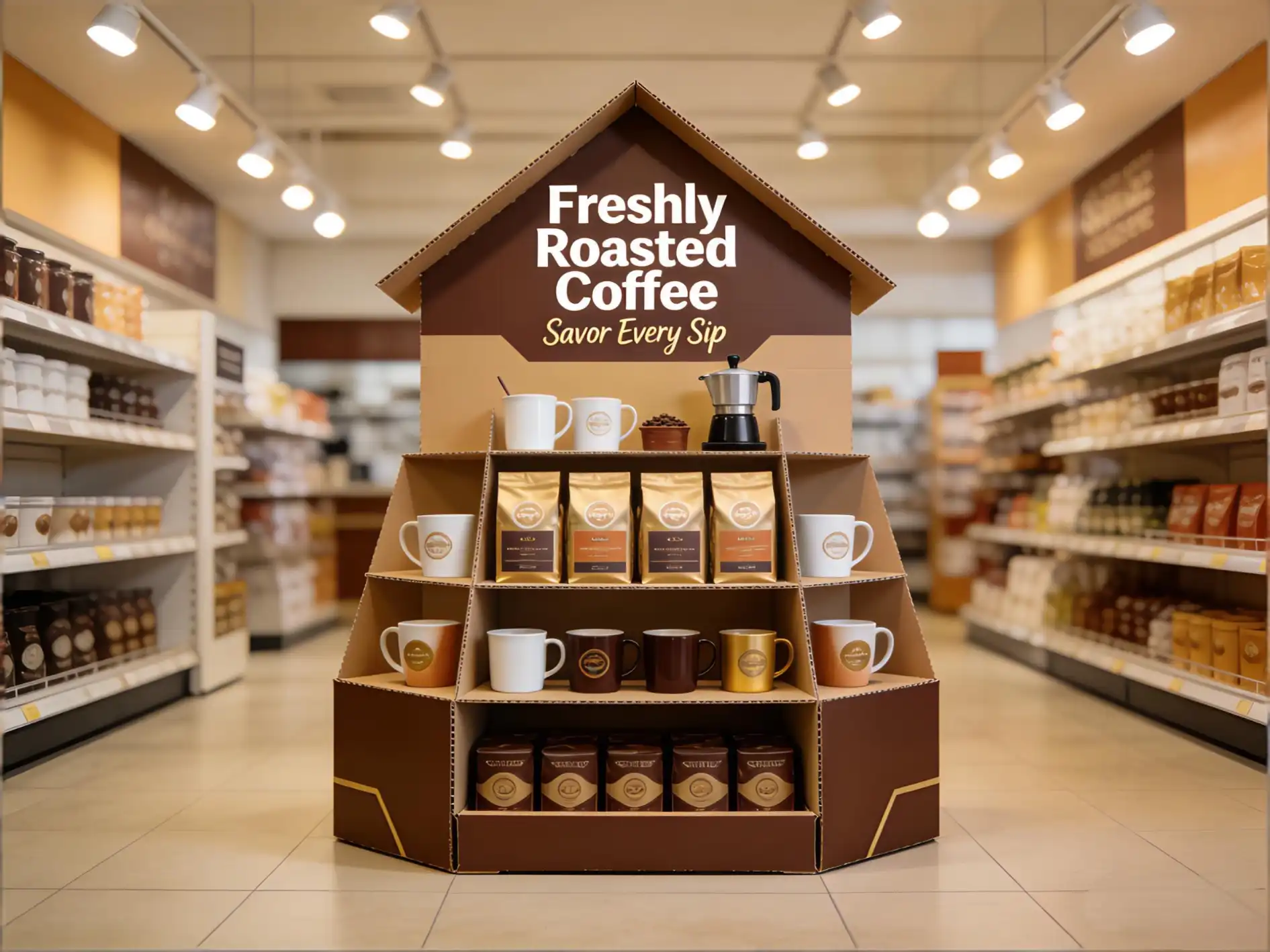 Standout Display Design A creatively designed coffee display with unique shapes and bold graphics