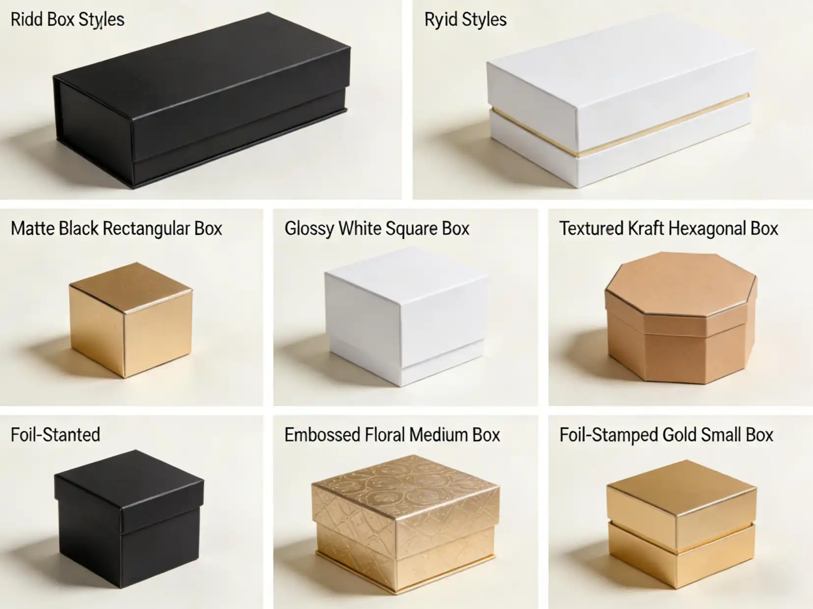 Factors Affecting Rigid Box Production A collage of different rigid box styles and finishes