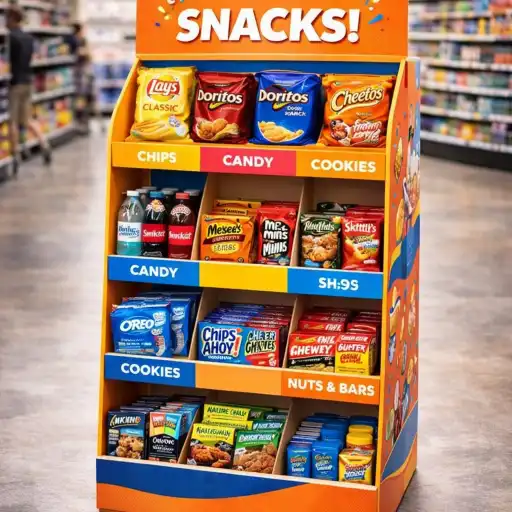 A well-designed Free Standing Display Unit in a retail store showcasing snacks
