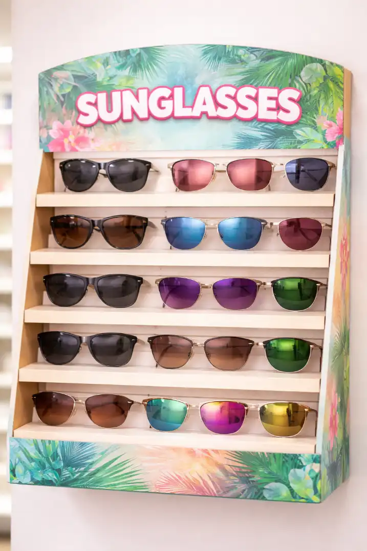 A close-up of a modern, well-lit wall-mounted sunglasses display