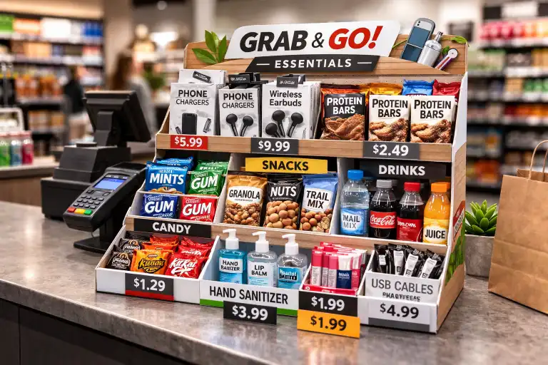 A PDQ display at a checkout counter filled with products