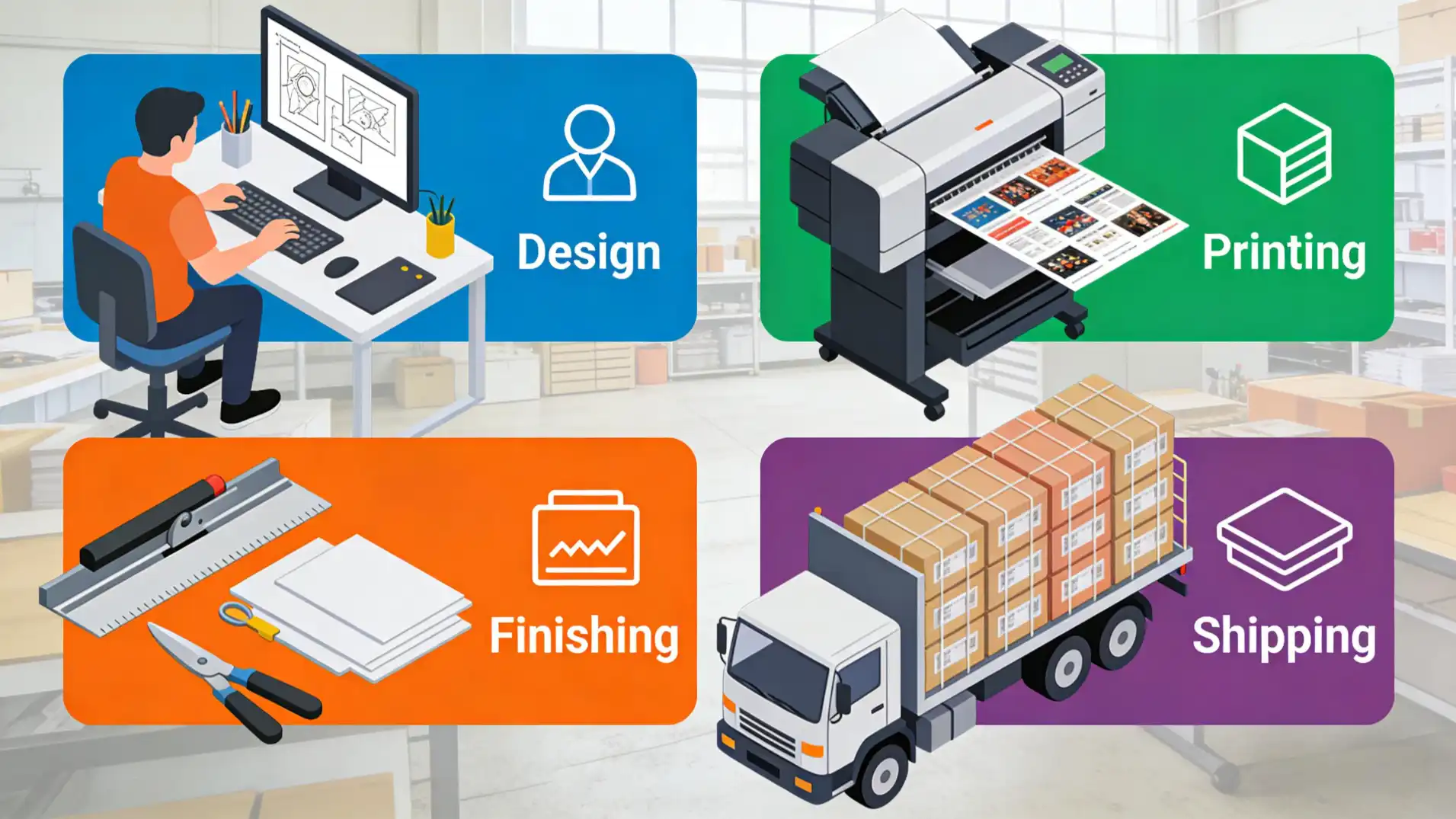 An infographic showing the four stages of display production: Design, Printing, Finishing, and Shipping.