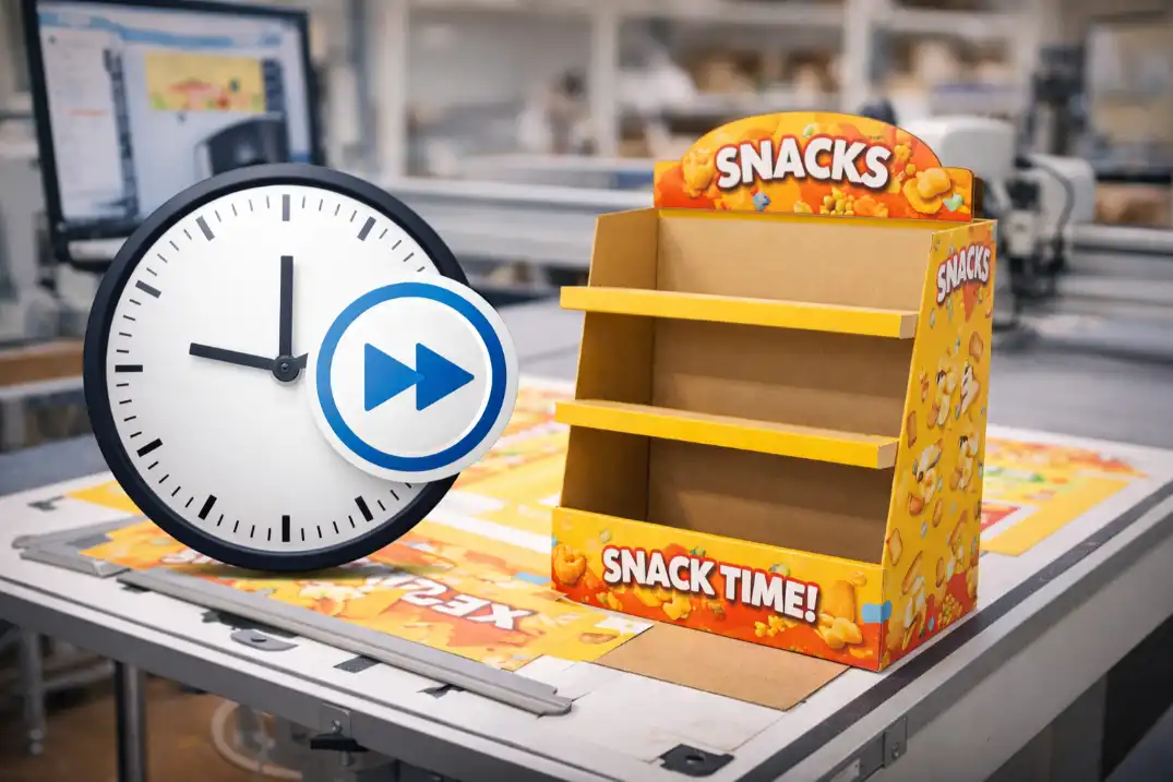 A clock with a fast-forward symbol over a cardboard display being produced.