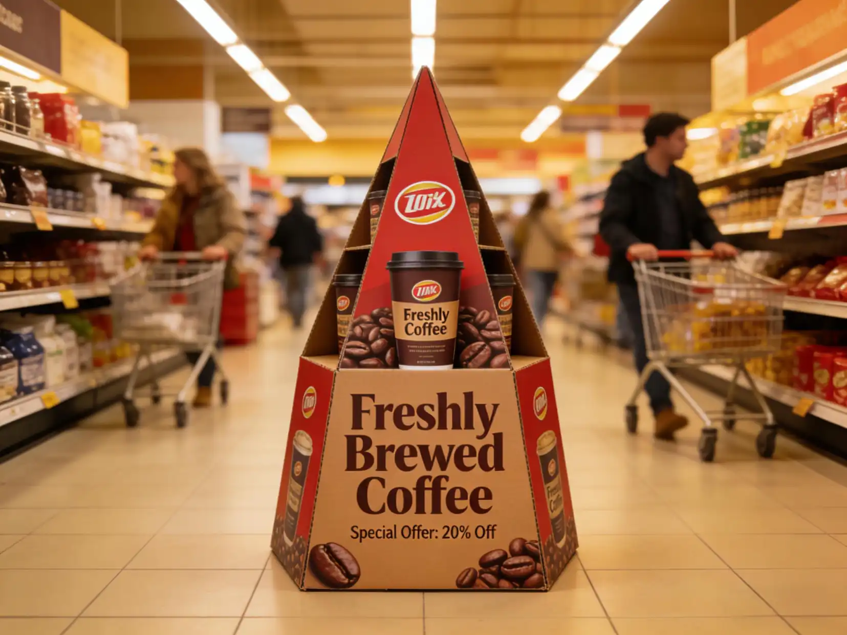 Strategic Display Placement A coffee display strategically placed at the end of a busy supermarket aisle
