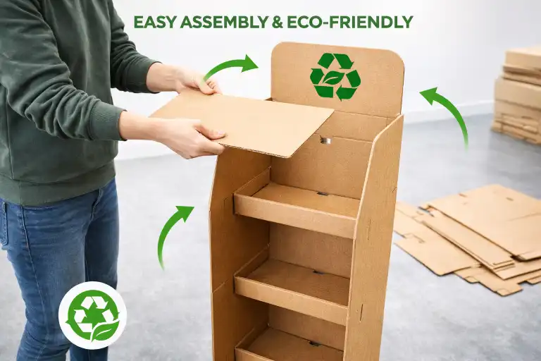 An eco-friendly cardboard FSDU being assembled easily