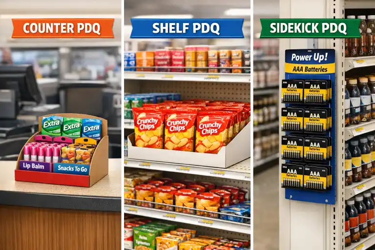 A comparison of counter, shelf, and sidekick PDQ displays