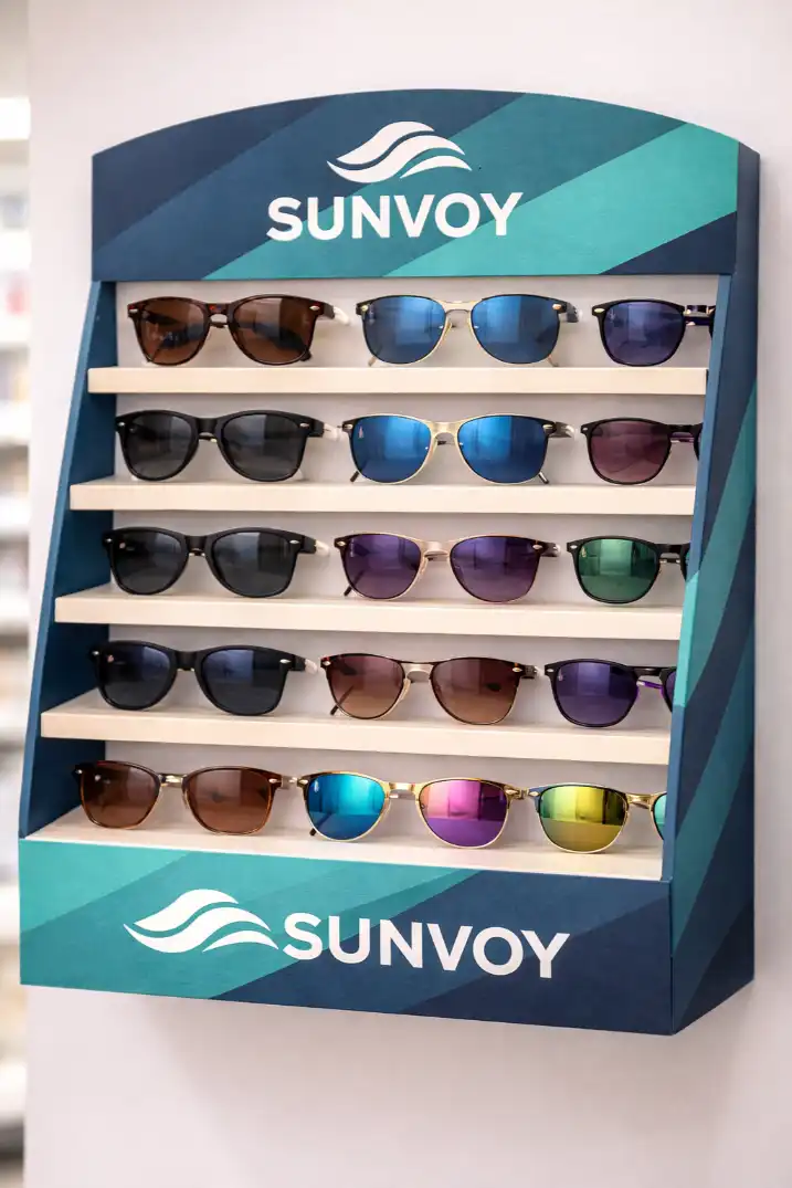 A beautifully arranged sunglasses display with color-coordinated rows and stylish props