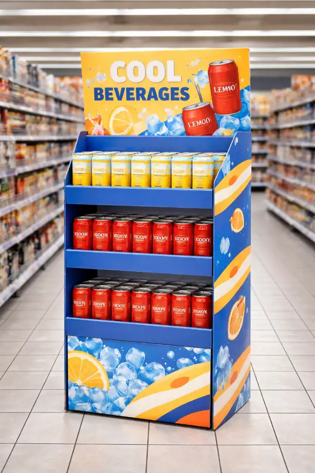 beverage cardboard floor display in supermarket aisle