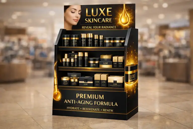 luxury skincare cardboard floor display with strong branding