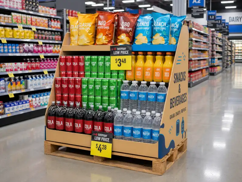 retail pallet display with fast-moving familiar products like snacks and beverages