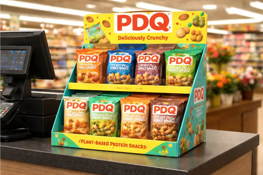PDQ snack display on checkout counter