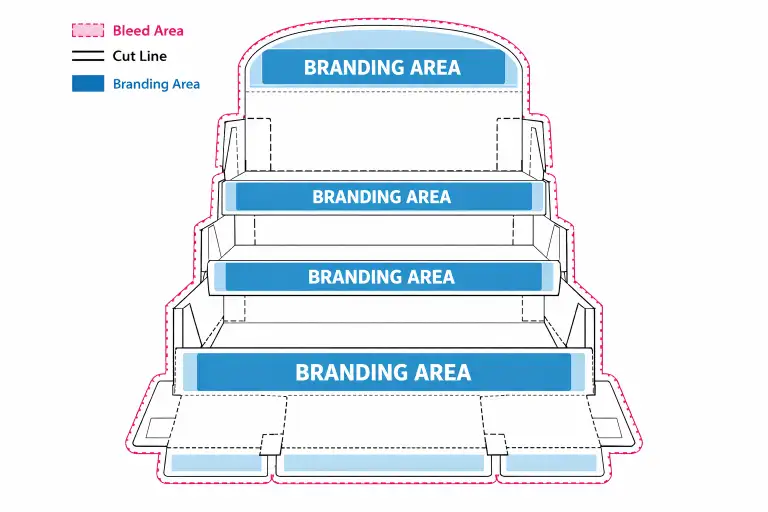 POP display dieline with bleed, cut line, and branding areas
