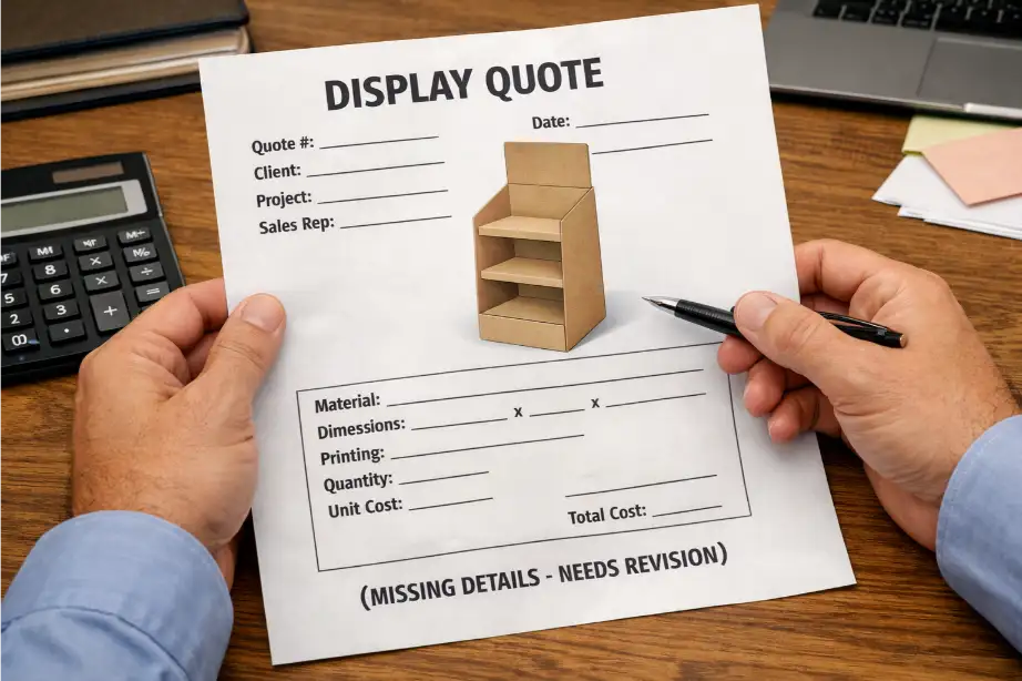 buyer reviewing a low cardboard display quote with missing details