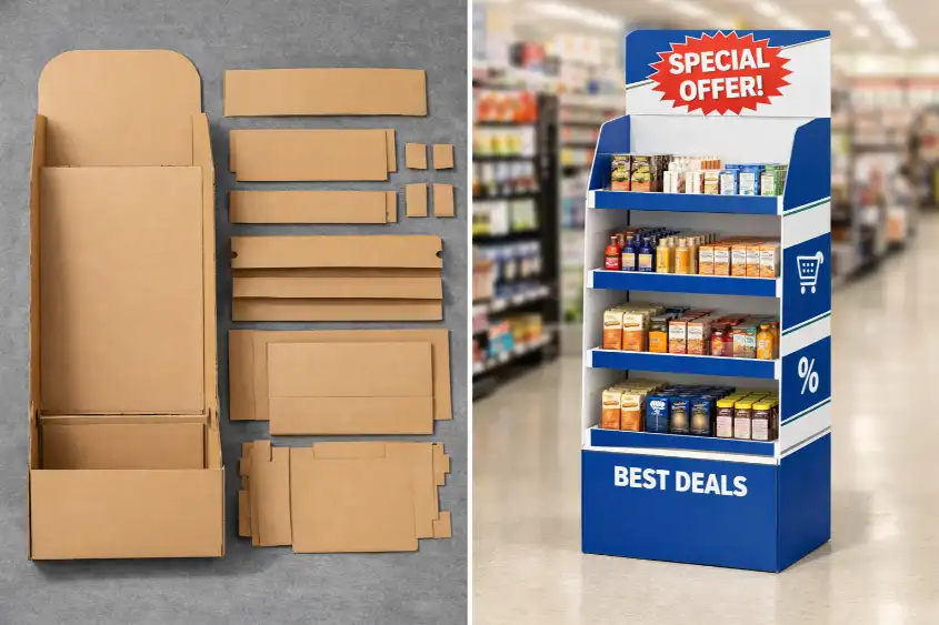 flat-pack cardboard display parts and assembled retail display comparison