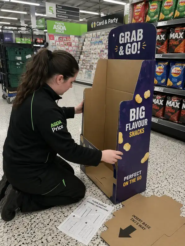 retail staff assembling a cardboard floor display in store
