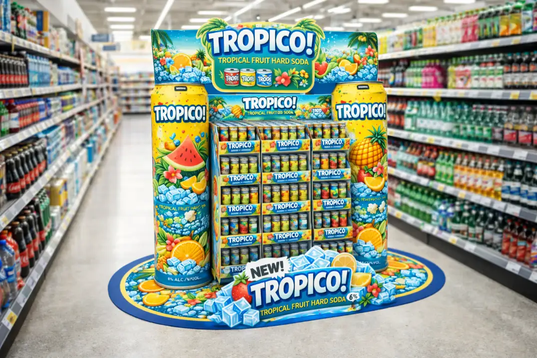 beverage cardboard floor display in supermarket with drinks