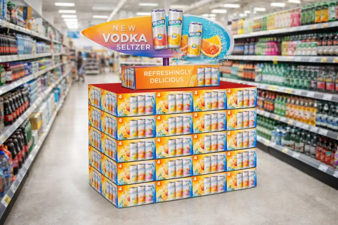 beverage pallet display with stacked products in retail store