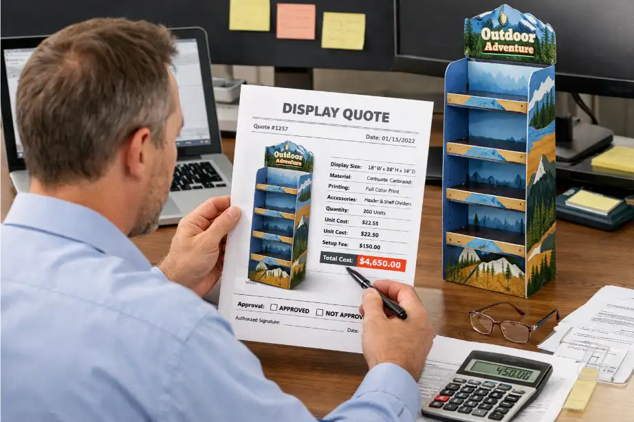buyer reviewing cardboard display quote details before approval
