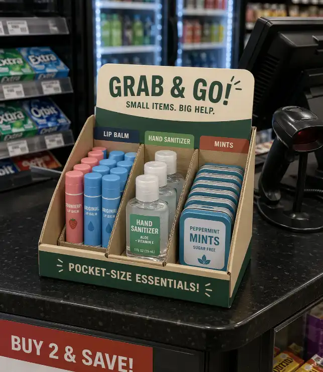 cardboard counter display with small retail products near checkout