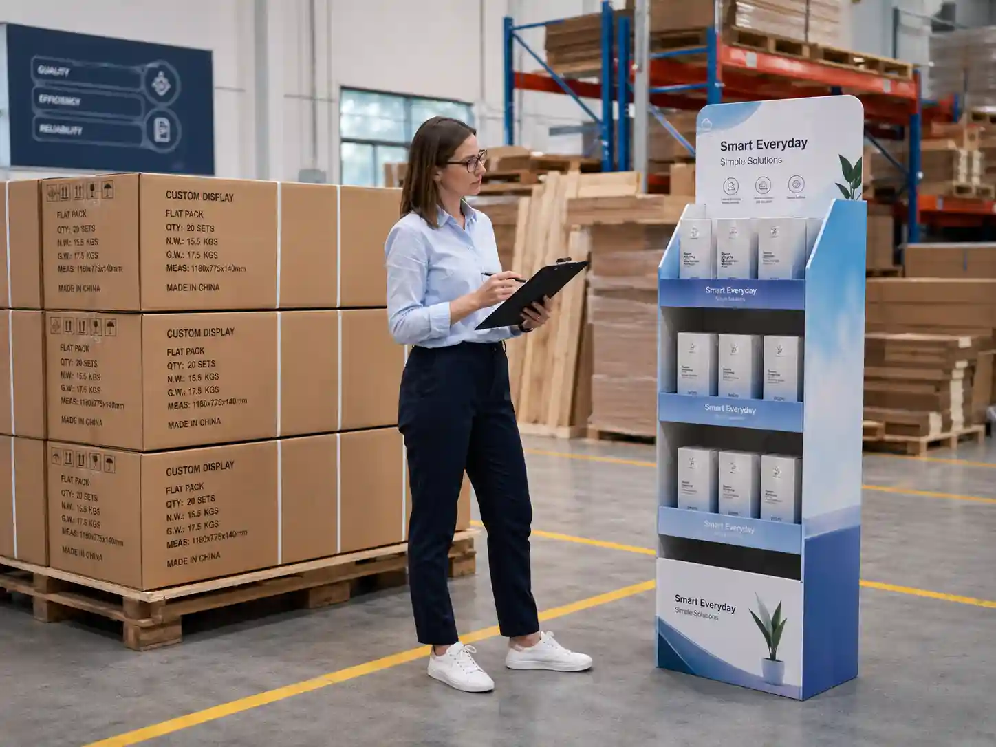 Finished cardboard display with export cartons for buyer review