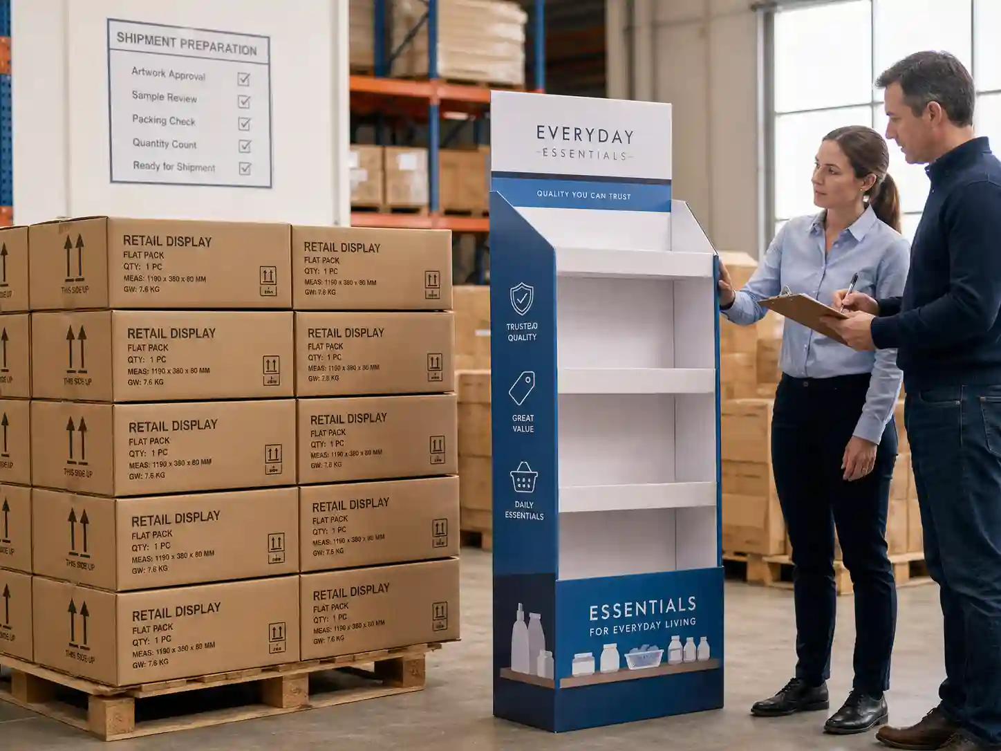 Finished cardboard display with export cartons for buyer review