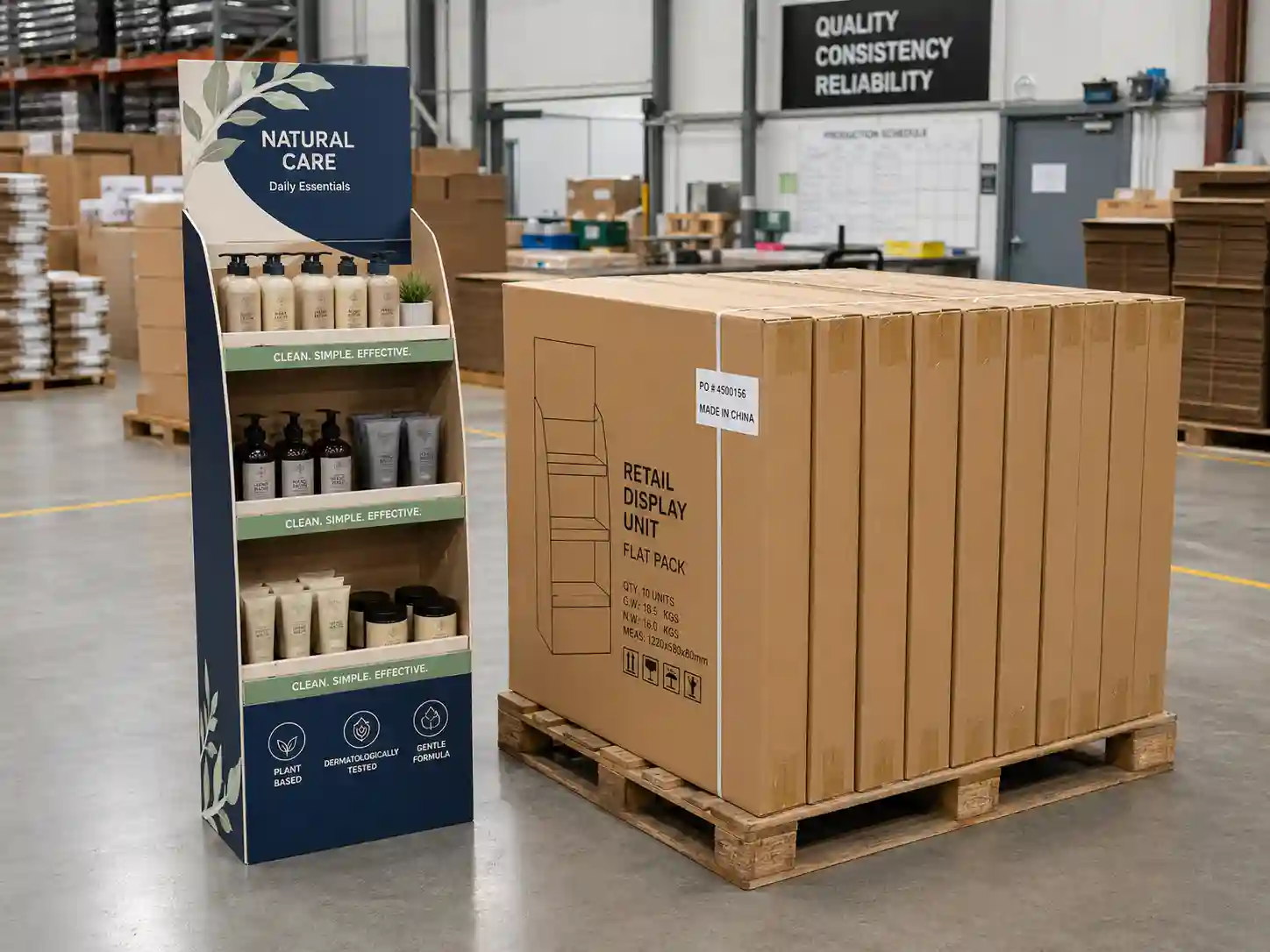 Finished cardboard display packed for export buyer review