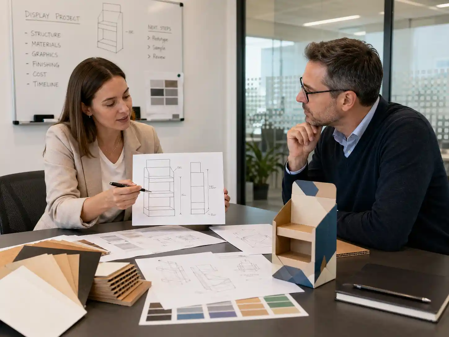Buyer reviewing cardboard display structure with factory project team
