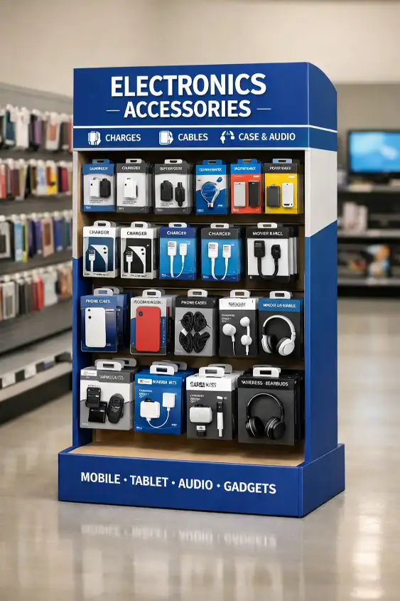 cardboard display for electronics accessories in retail environment