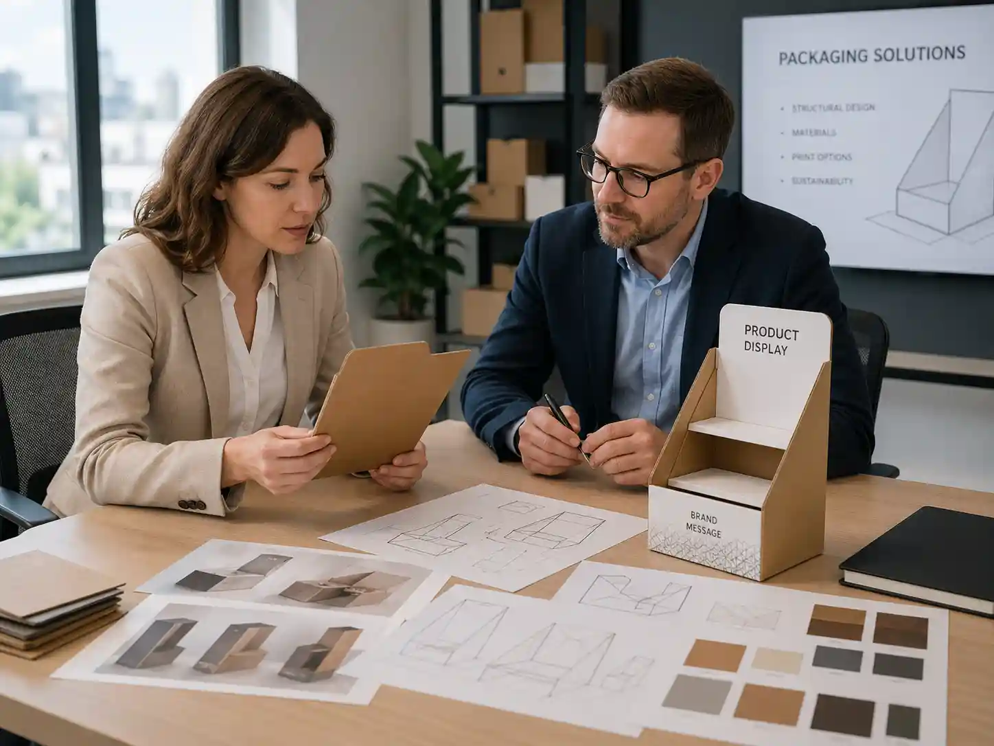 Buyer reviewing cardboard display samples with supplier on office table