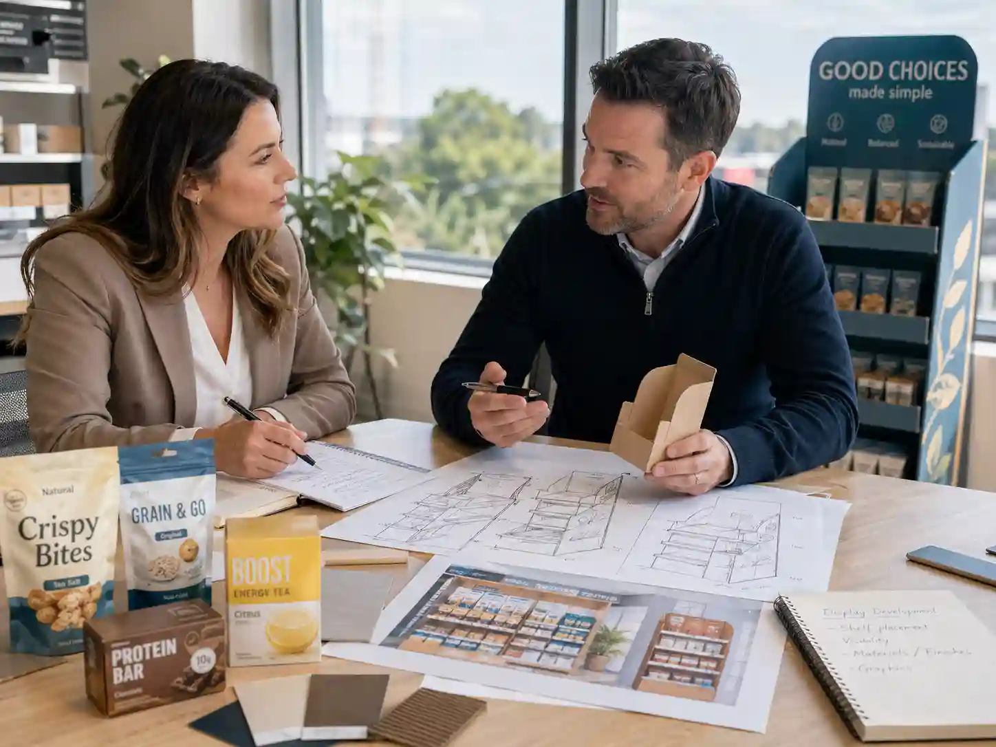 Buyer reviewing cardboard display structure with manufacturer team
