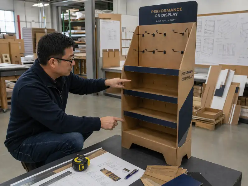 cardboard display manufacturer reviewing structure, shelves, hooks, and base support