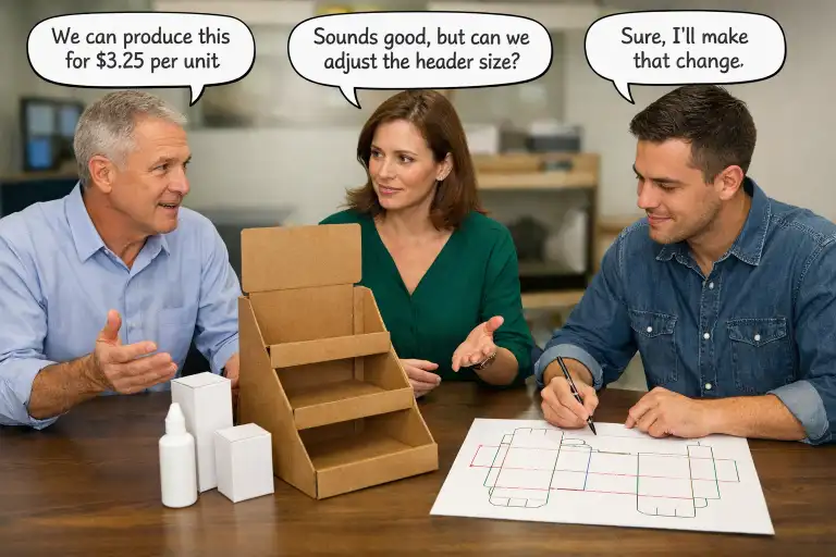 cardboard display quotation discussion with sample and dieline