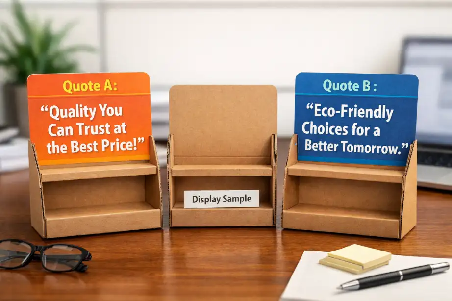 two cardboard display quotes being compared on desk with display sample