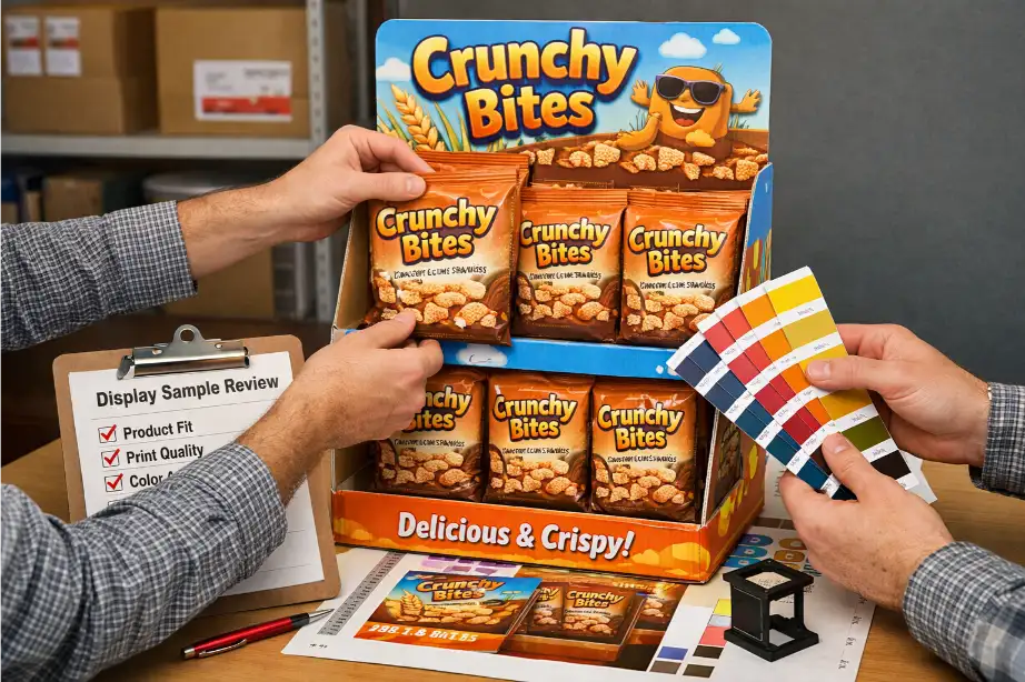 cardboard display sample review with product fit and print inspection