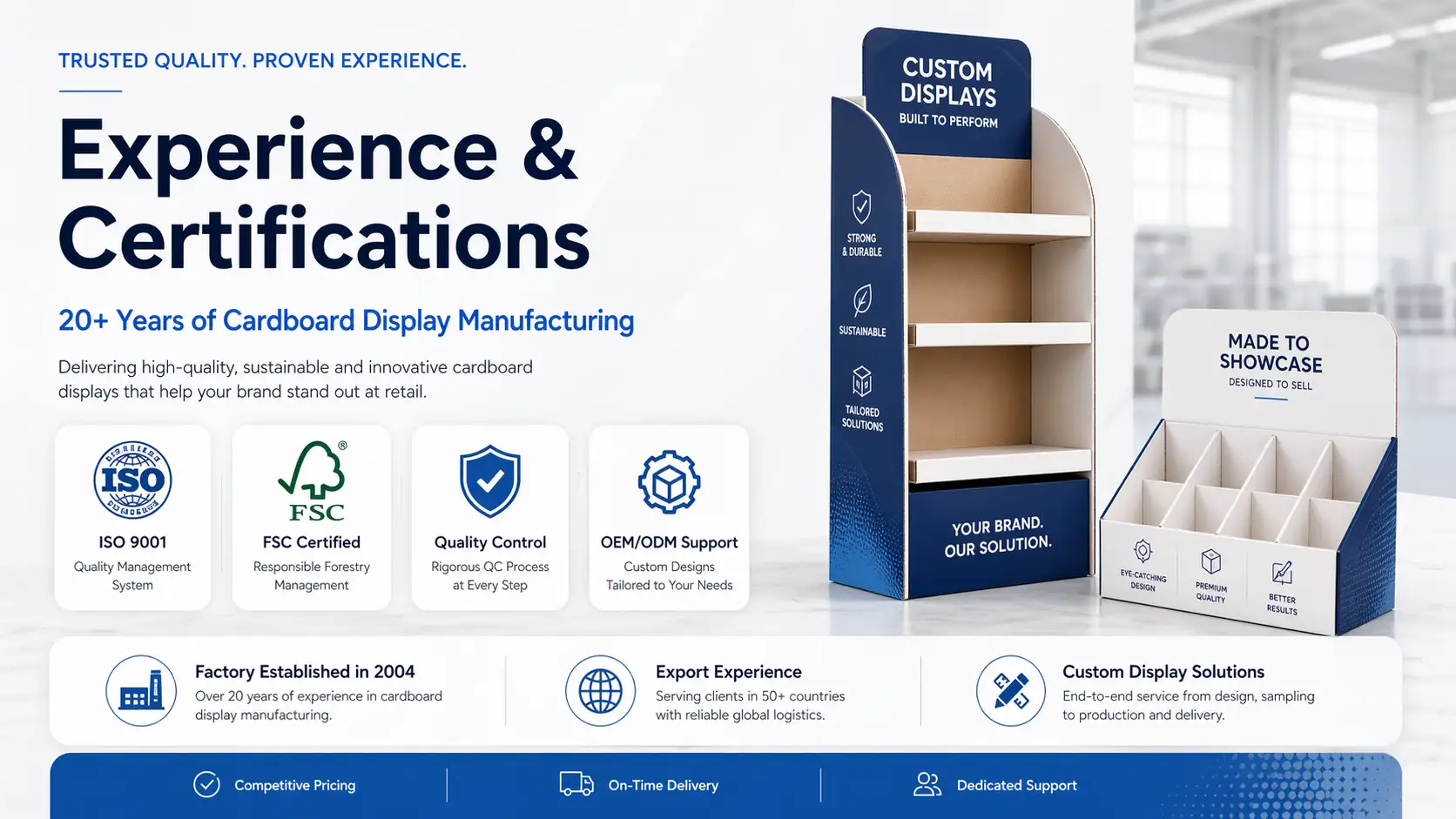 experience and certifications review for cardboard display supplier including ISO and FSC