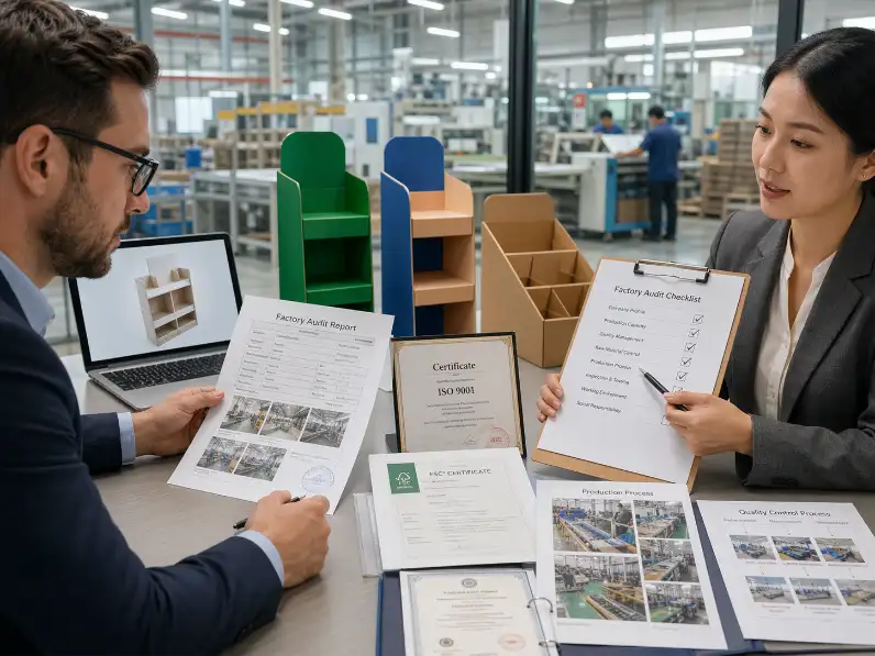 buyer judging cardboard display supplier authority through factory proof and certifications