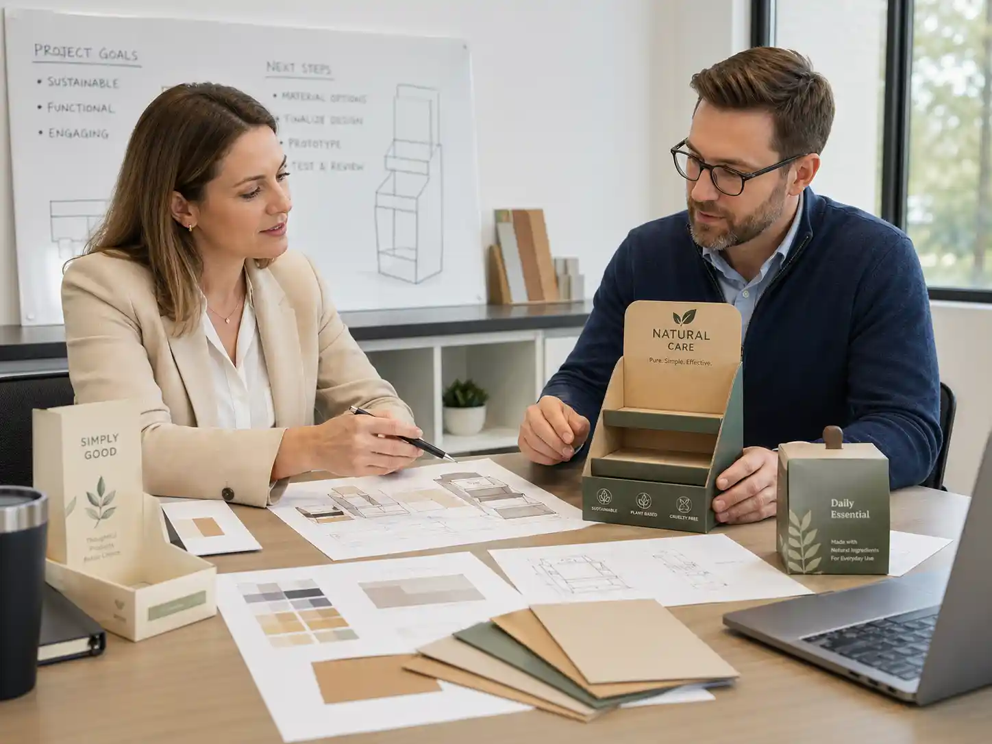 Buyer reviewing cardboard display samples with supplier