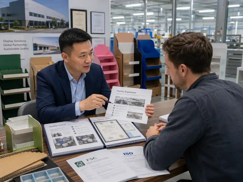 cardboard display supplier presenting factory experience and certification documents to buyer