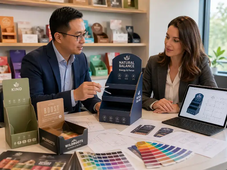 cardboard display supplier reviewing a custom retail display project with buyer