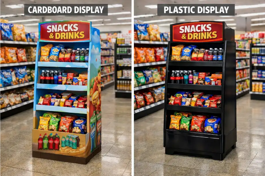 cardboard display vs plastic display in retail environment