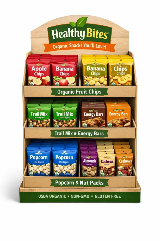 cardboard display with optimized SKU count and clean product hierarchy