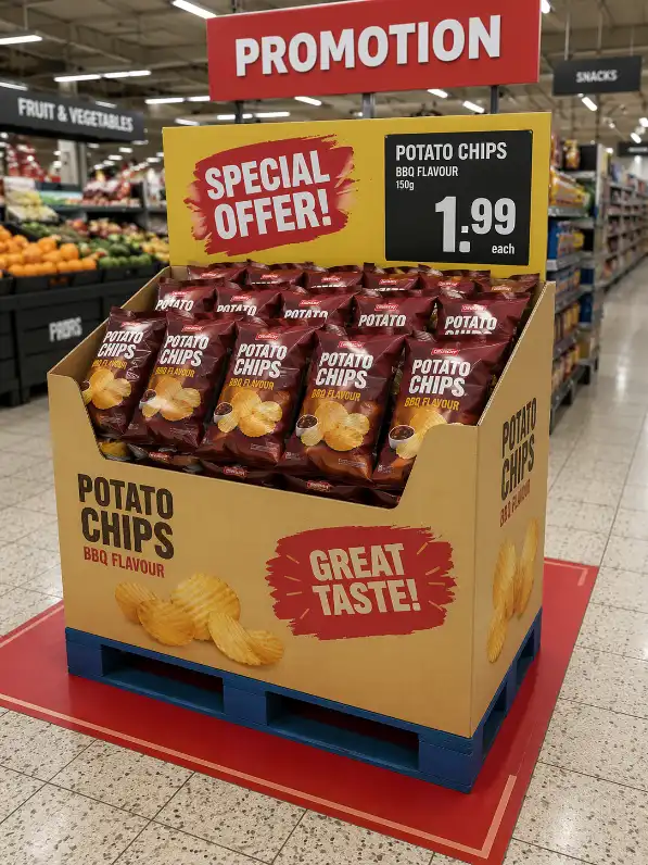 cardboard dump bin display in supermarket promotion area