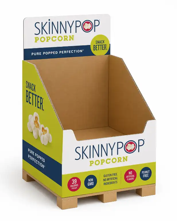 cardboard dump bin display with clear front branding and stable structure