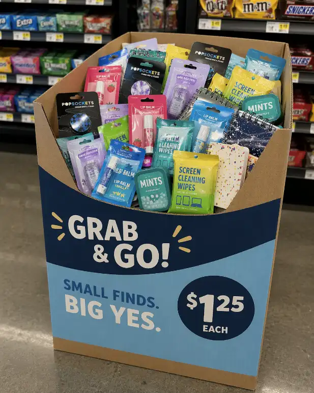 cardboard dump bin filled with small packaged products for impulse retail
