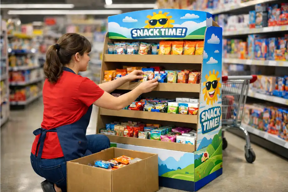 cardboard floor display being refilled by retail staff