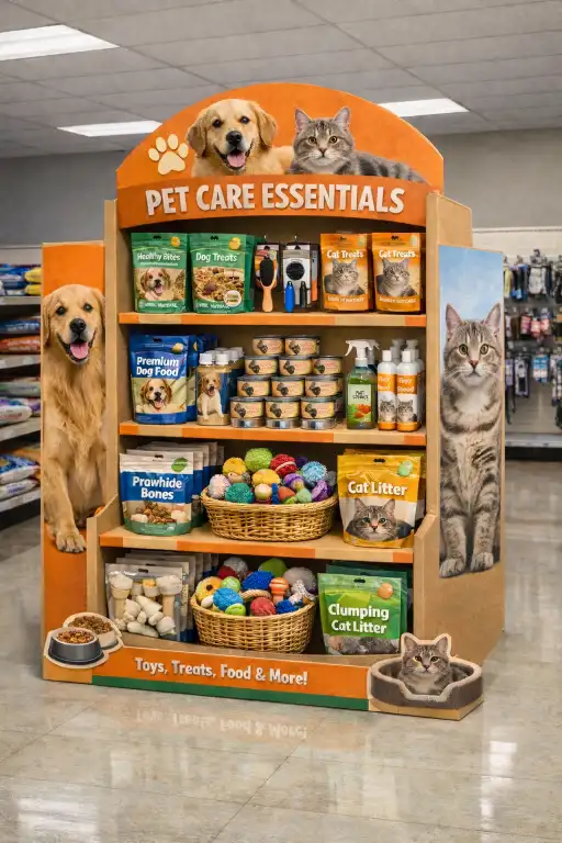 cardboard floor display for pet products in retail store